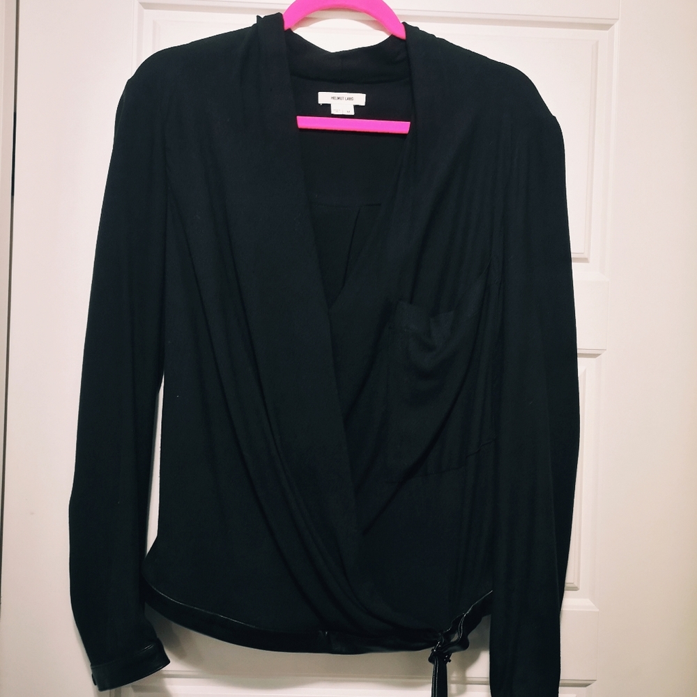 Helmut Lang Wrap Style Leather Trim Blouse